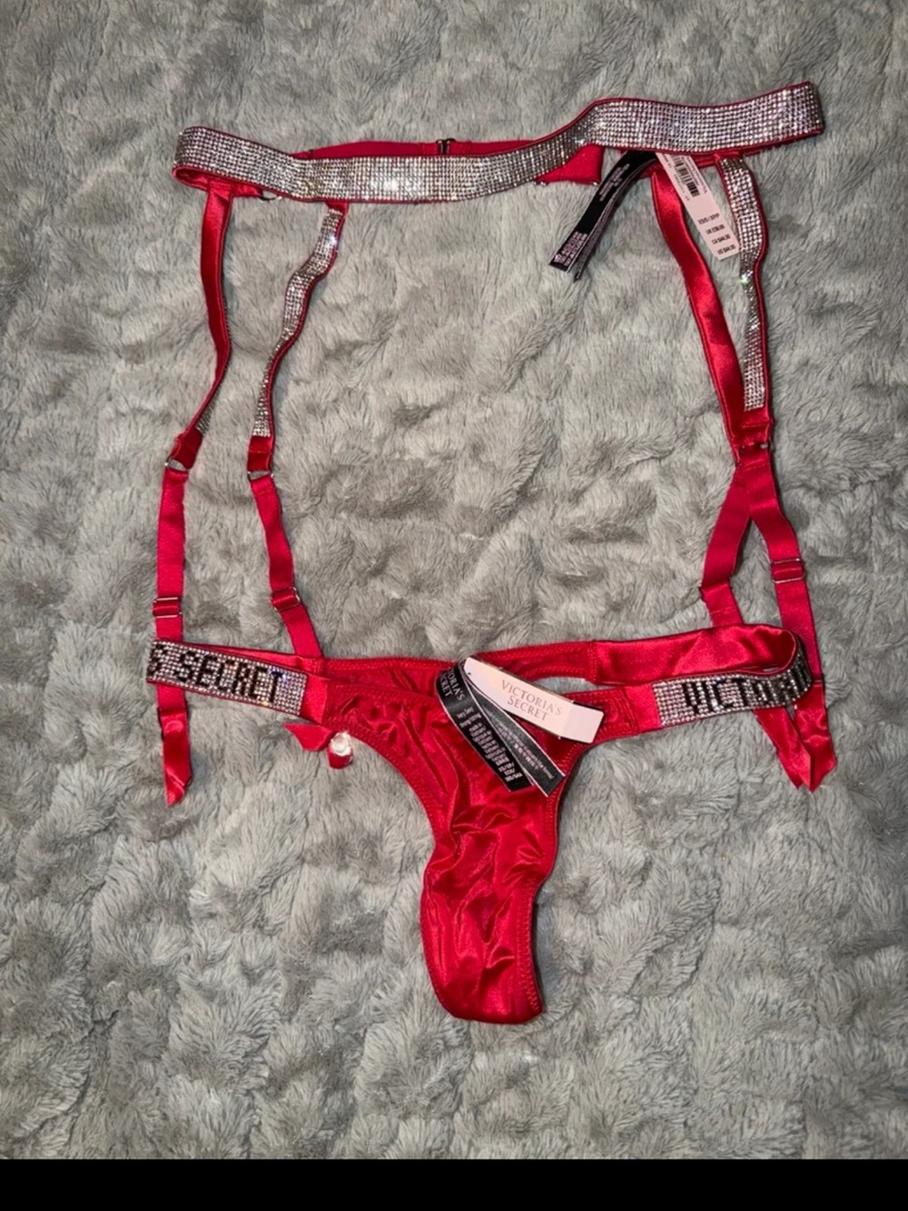 Victoria's Secret Red Satin Rhinestone Strappy Thong Set